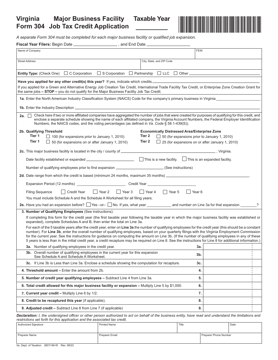 Form 304 Major Business Facility Job Tax Credit Application - Virginia, Page 1