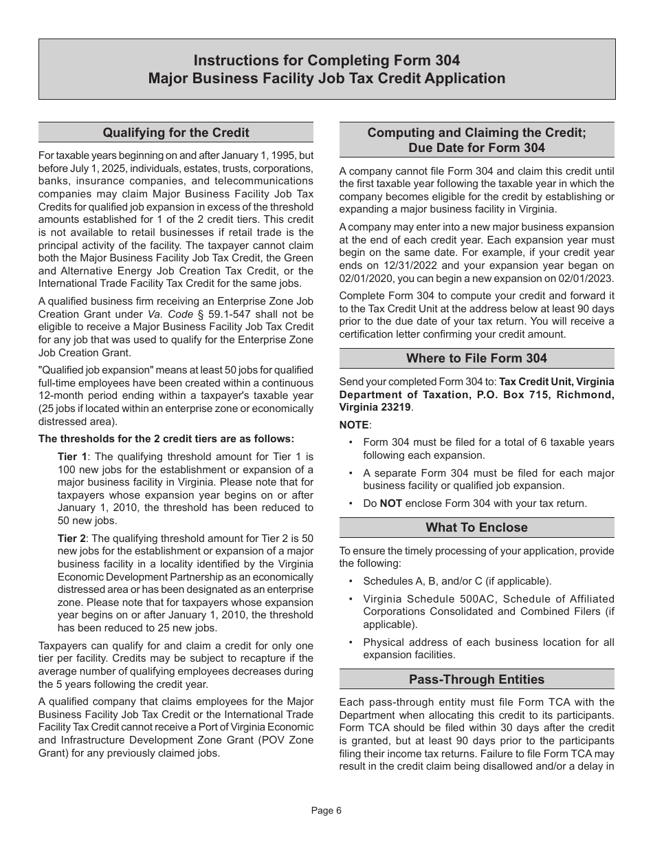 Form 304 Major Business Facility Job Tax Credit Application - Virginia, Page 6