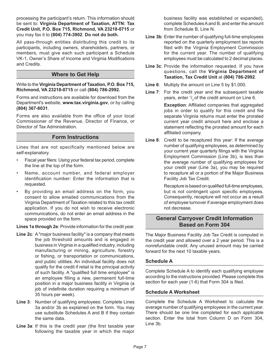 Form 304 Major Business Facility Job Tax Credit Application - Virginia, Page 7
