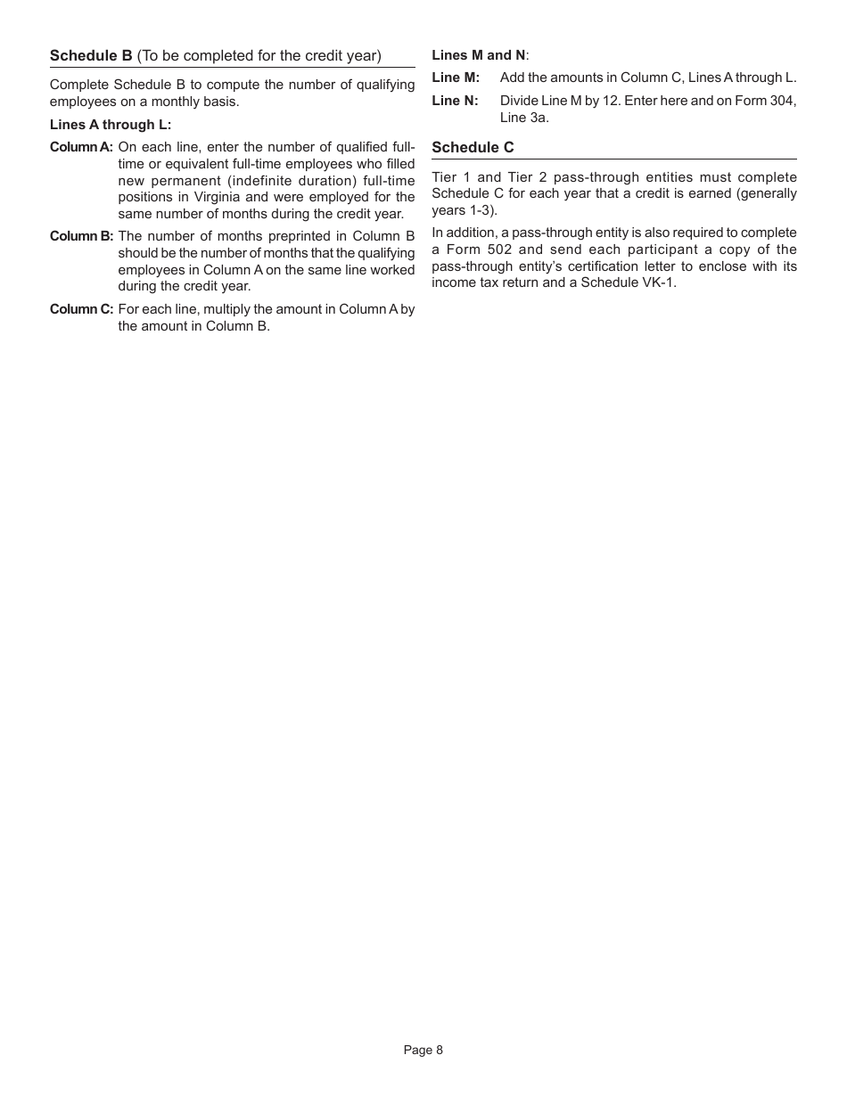 Form 304 Major Business Facility Job Tax Credit Application - Virginia, Page 8