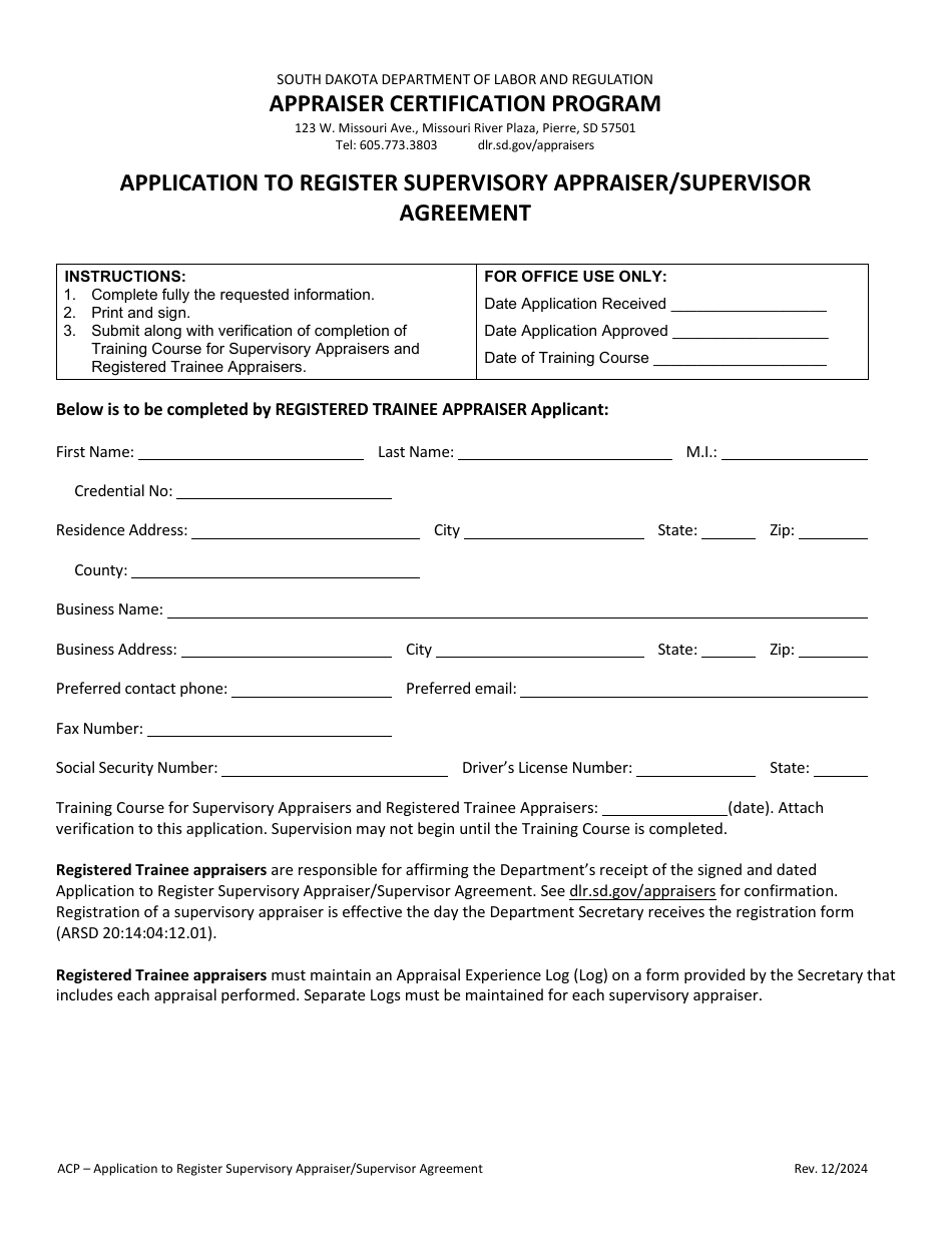 Application to Register Supervisory Appraiser / Supervisor Agreement - Appraiser Certification Program - South Dakota, Page 1