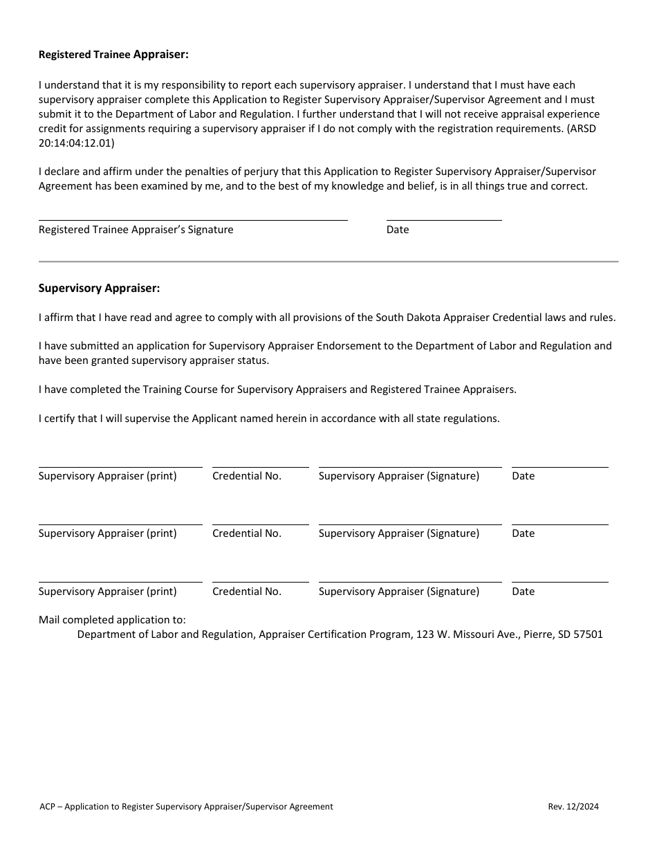 Application to Register Supervisory Appraiser / Supervisor Agreement - Appraiser Certification Program - South Dakota, Page 2