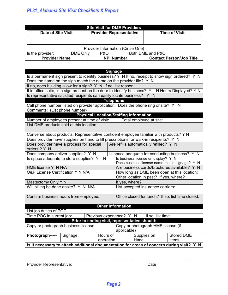 Form PL31 Alabama Site Visit Checklists  Report - Alabama, Page 2