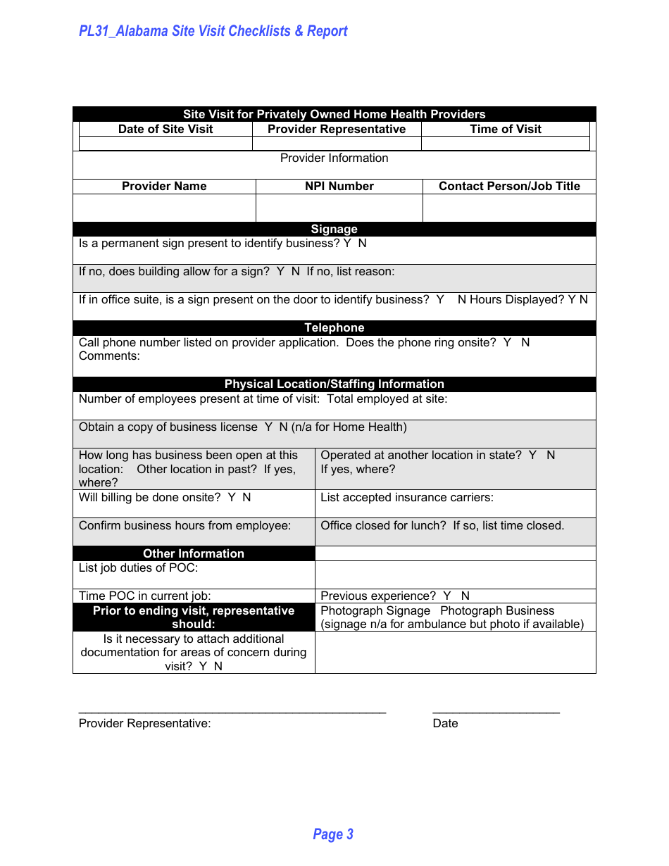 Form PL31 Alabama Site Visit Checklists  Report - Alabama, Page 3