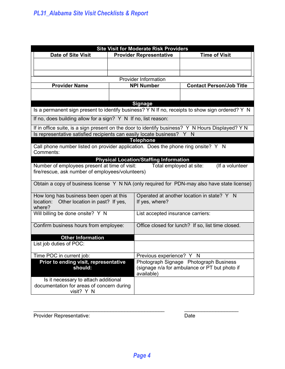 Form PL31 Alabama Site Visit Checklists  Report - Alabama, Page 4