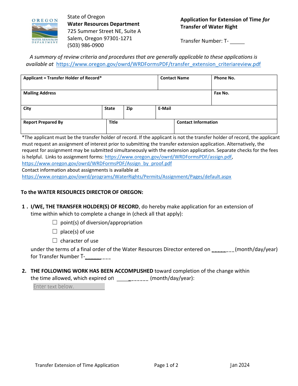 Application for Extension of Time for Transfer of Water Right - Oregon, Page 1
