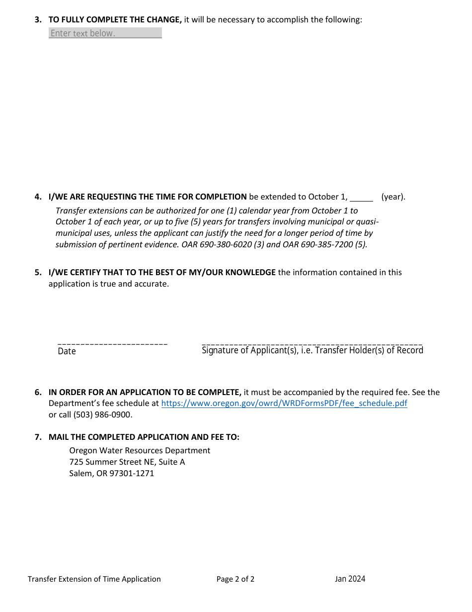 Application for Extension of Time for Transfer of Water Right - Oregon, Page 2