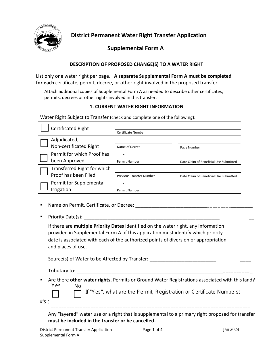 Supplemental Form A District Permanent Water Right Transfer Application - Oregon, Page 1