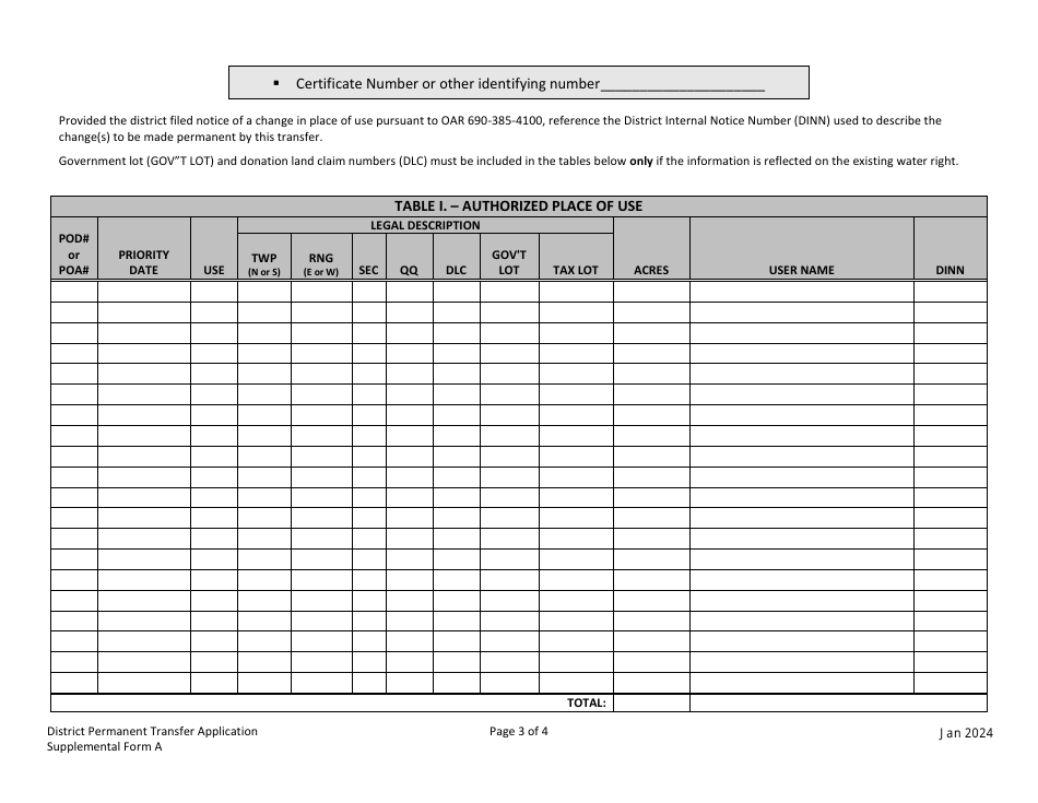 Supplemental Form A District Permanent Water Right Transfer Application - Oregon, Page 3