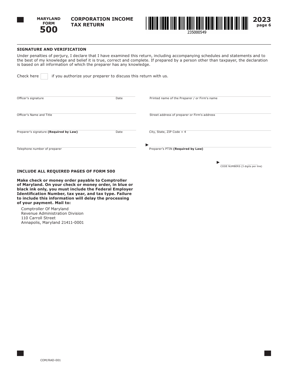 Maryland Form 500 (COM / RAD-001) Corporation Income Tax Return - Maryland, Page 6