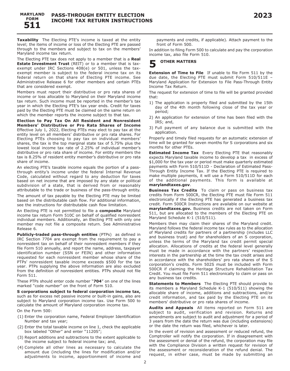 Instructions for Maryland Form 511, COM / RAD-069 Pass-Through Entity Election Income Tax Return - Maryland, Page 4