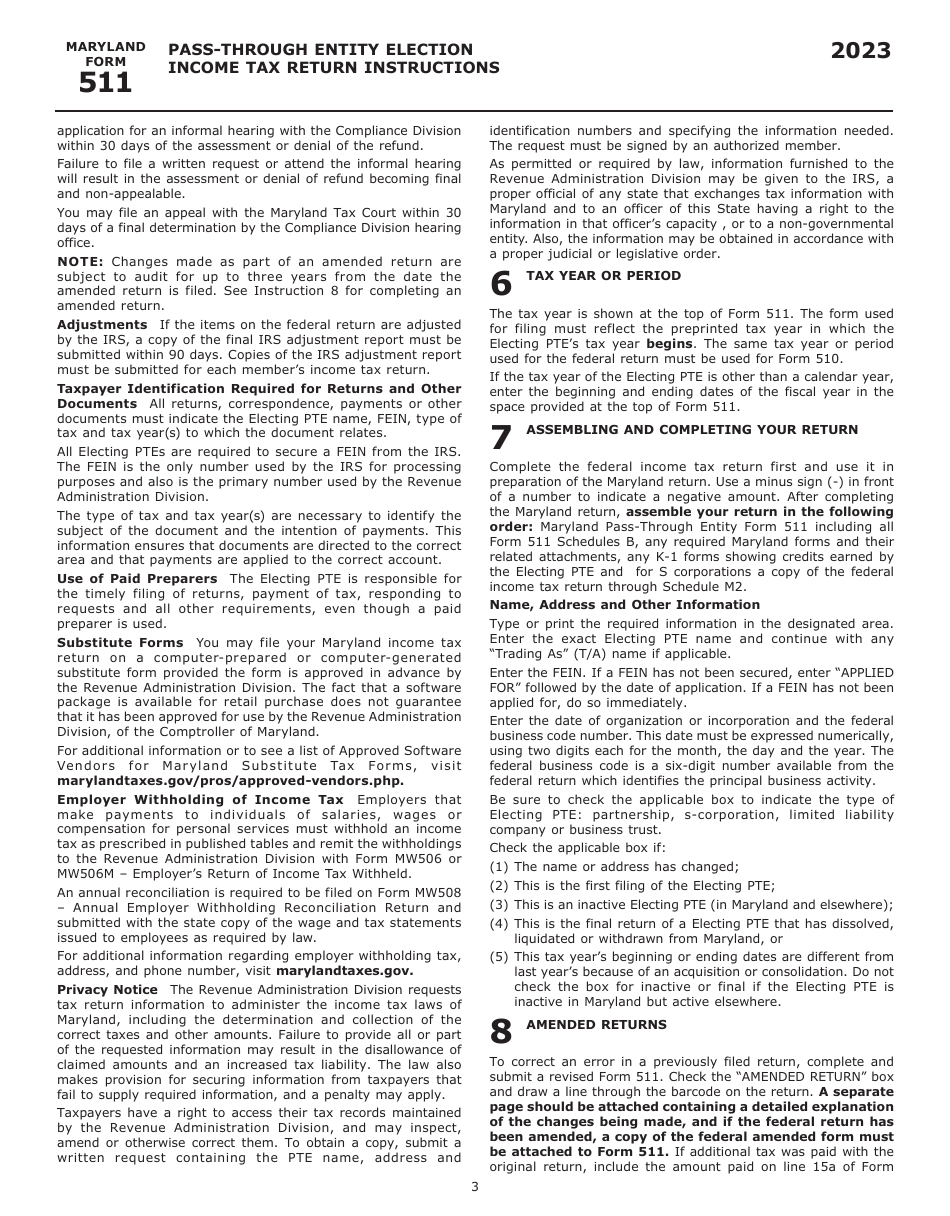 Instructions for Maryland Form 511, COM / RAD-069 Pass-Through Entity Election Income Tax Return - Maryland, Page 5