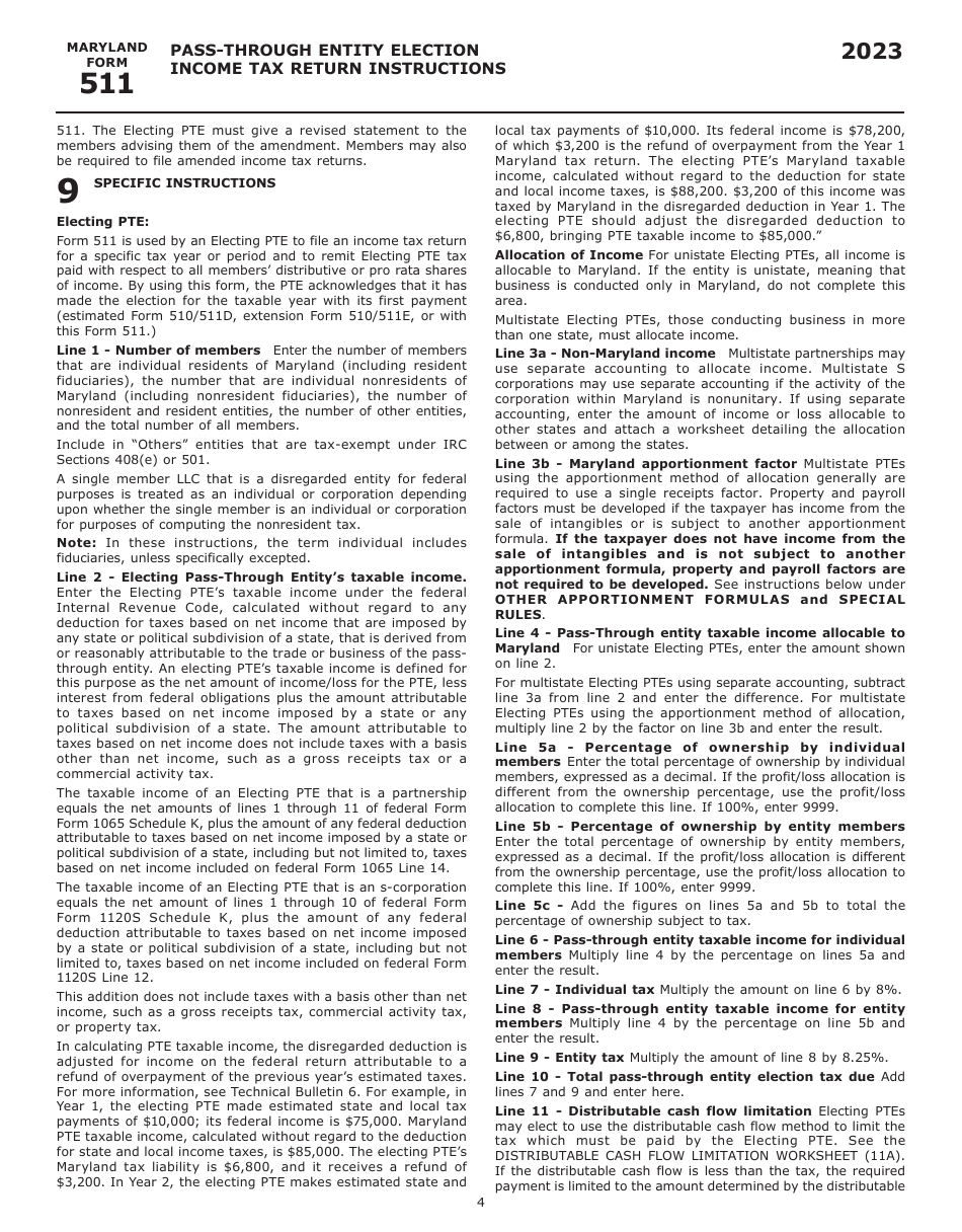 Instructions for Maryland Form 511, COM / RAD-069 Pass-Through Entity Election Income Tax Return - Maryland, Page 6