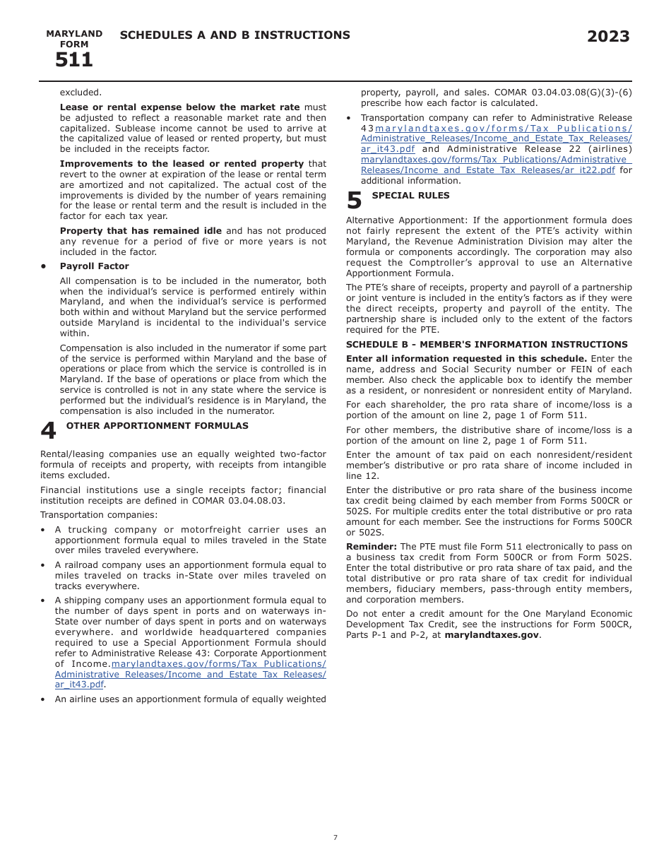Instructions for Maryland Form 511, COM / RAD-069 Pass-Through Entity Election Income Tax Return - Maryland, Page 9