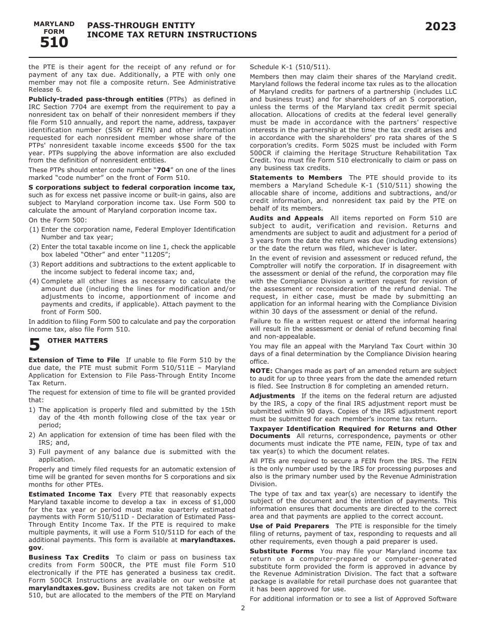 Instructions for Maryland Form 510, COM / RAD-069 Pass-Through Entity Income Tax Return - Maryland, Page 4