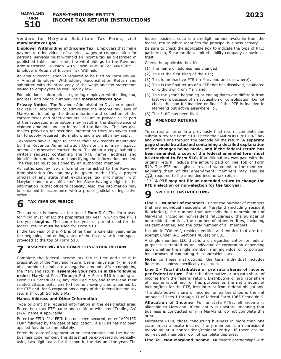 Instructions for Maryland Form 510, COM / RAD-069 Pass-Through Entity Income Tax Return - Maryland, Page 5