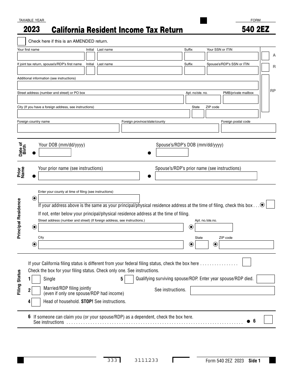 Form 540 2EZ California Resident Income Tax Return - California, Page 1