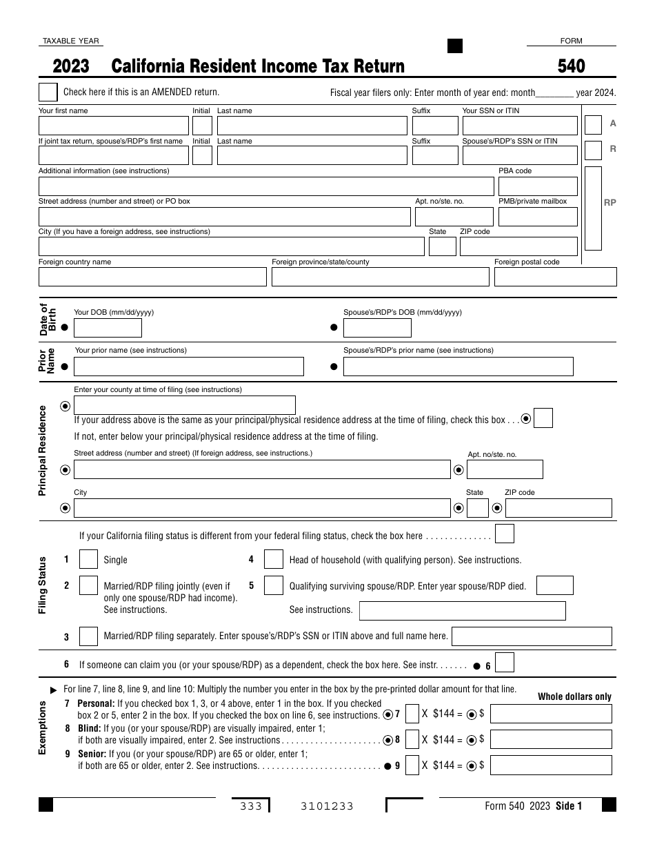 Form 540 California Resident Income Tax Return - California, Page 1