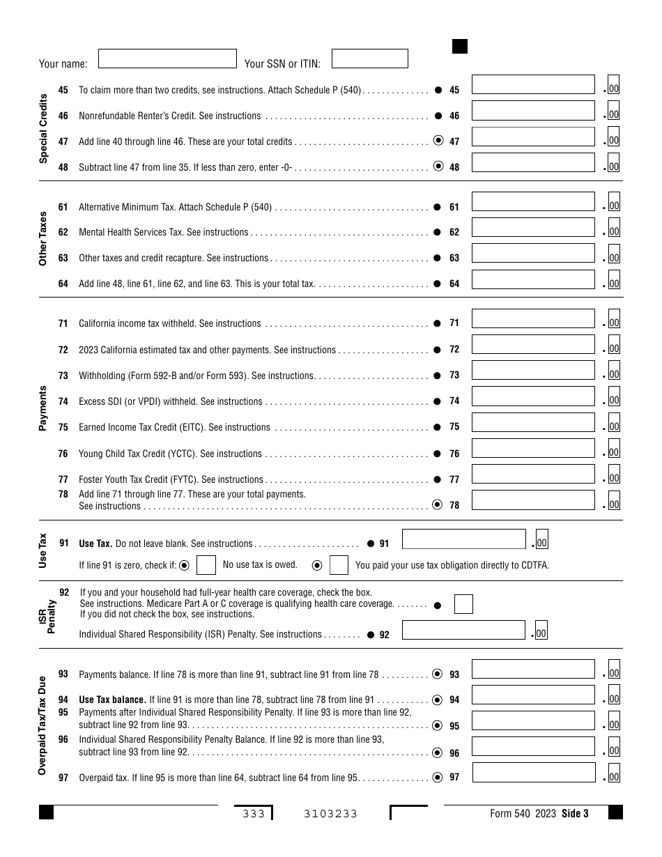 Form 540 California Resident Income Tax Return - California, Page 3