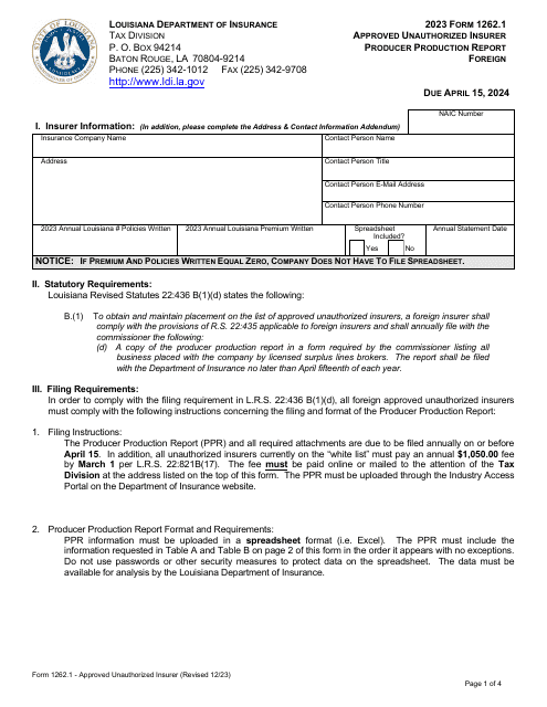 Form 1262.1 Approved Unauthorized Insurer Producer Production Report - Foreign - Louisiana, 2023