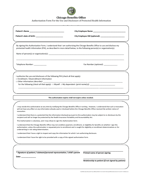Authorization Form for the Use and Disclosure of Protected Health Information - City of Chicago, Illinois