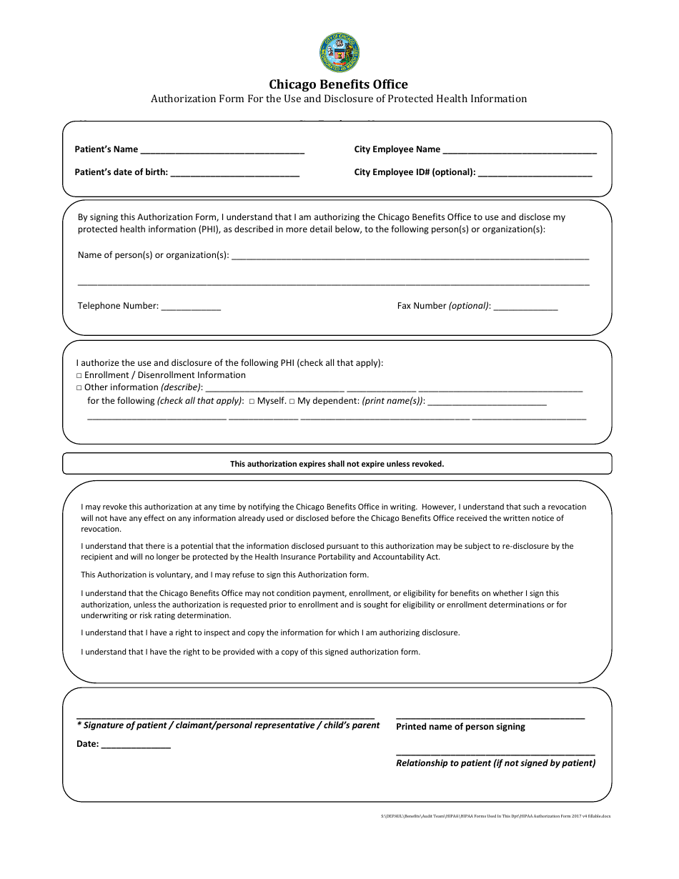Authorization Form for the Use and Disclosure of Protected Health Information - City of Chicago, Illinois, Page 1