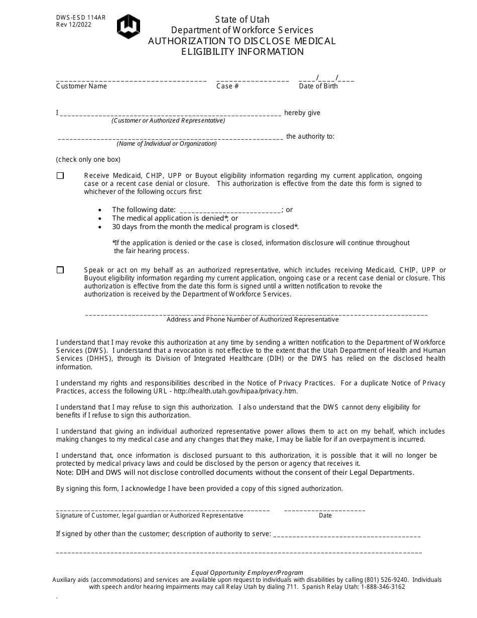 Form DWS-ESD114AR Authorization to Disclose Medical Eligibility Information - Utah, Page 1
