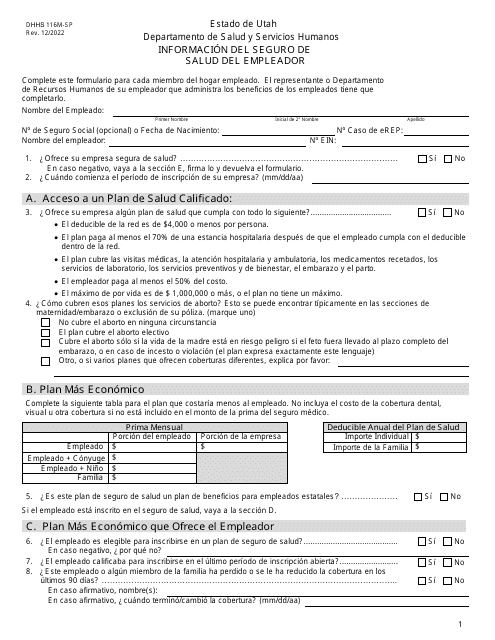 Formulario DHHS116M-SP Informacion Del Seguro De Salud Del Empleador - Utah (Spanish)