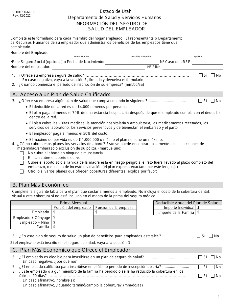 Formulario DHHS116M-SP Informacion Del Seguro De Salud Del Empleador - Utah (Spanish), Page 1