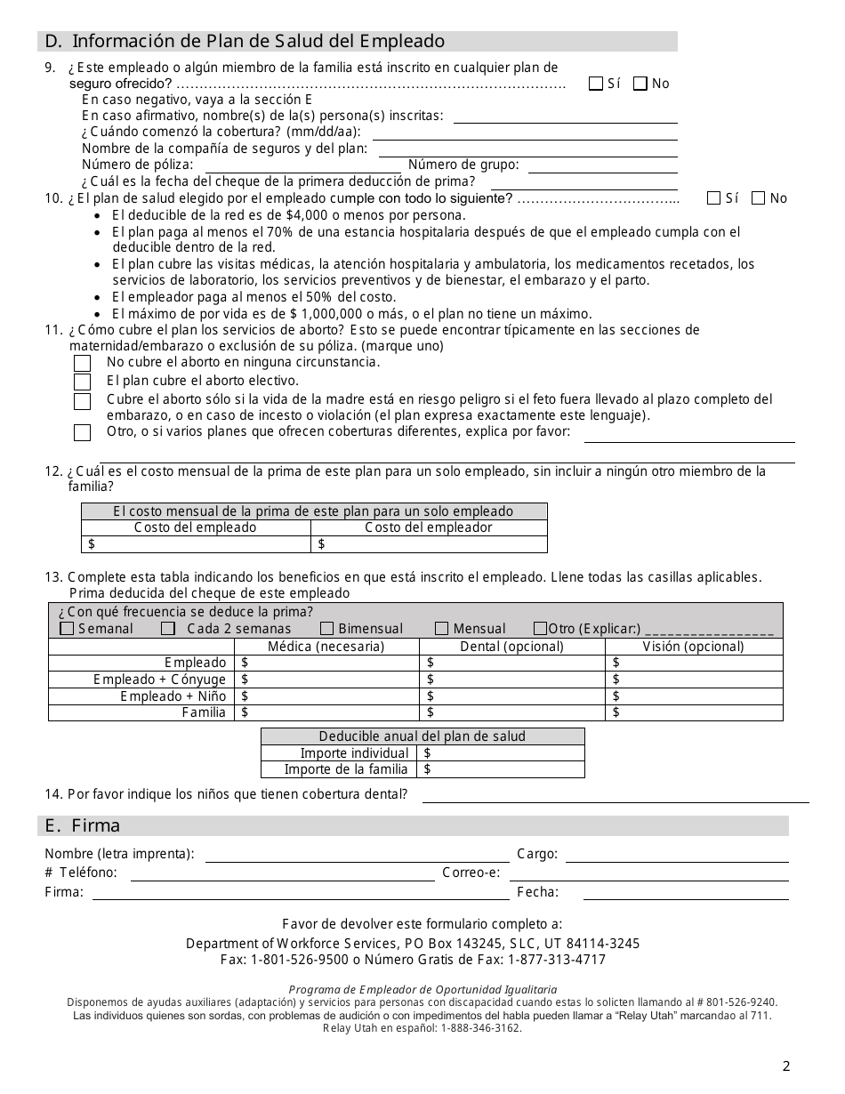 Formulario DHHS116M-SP Informacion Del Seguro De Salud Del Empleador - Utah (Spanish), Page 2