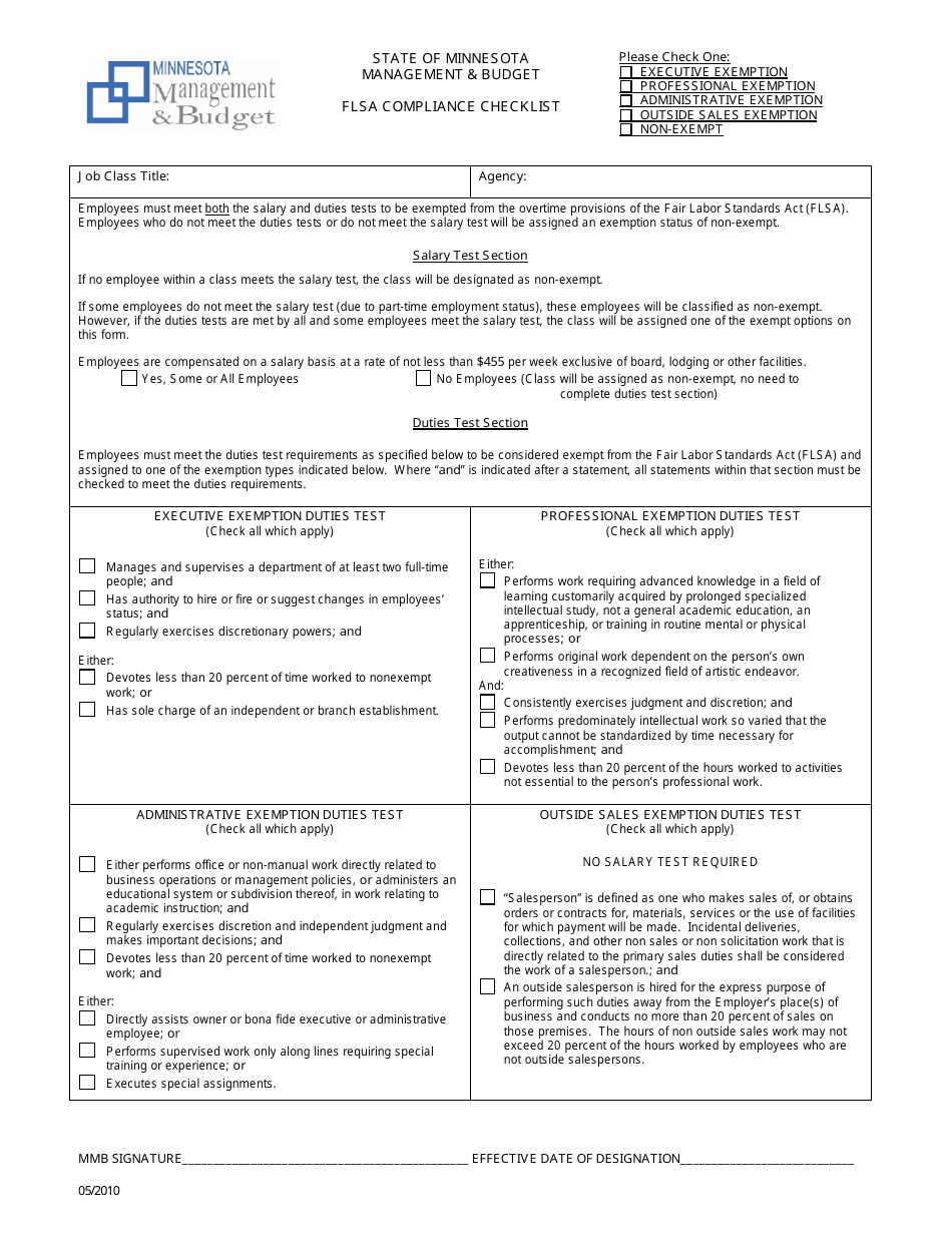 Flsa Compliance Checklist - Minnesota, Page 1