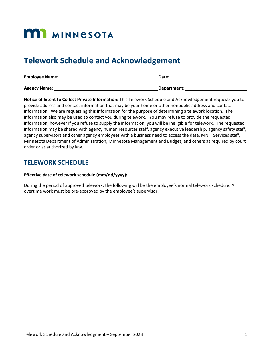 Telework Schedule and Acknowledgement - Minnesota, Page 1