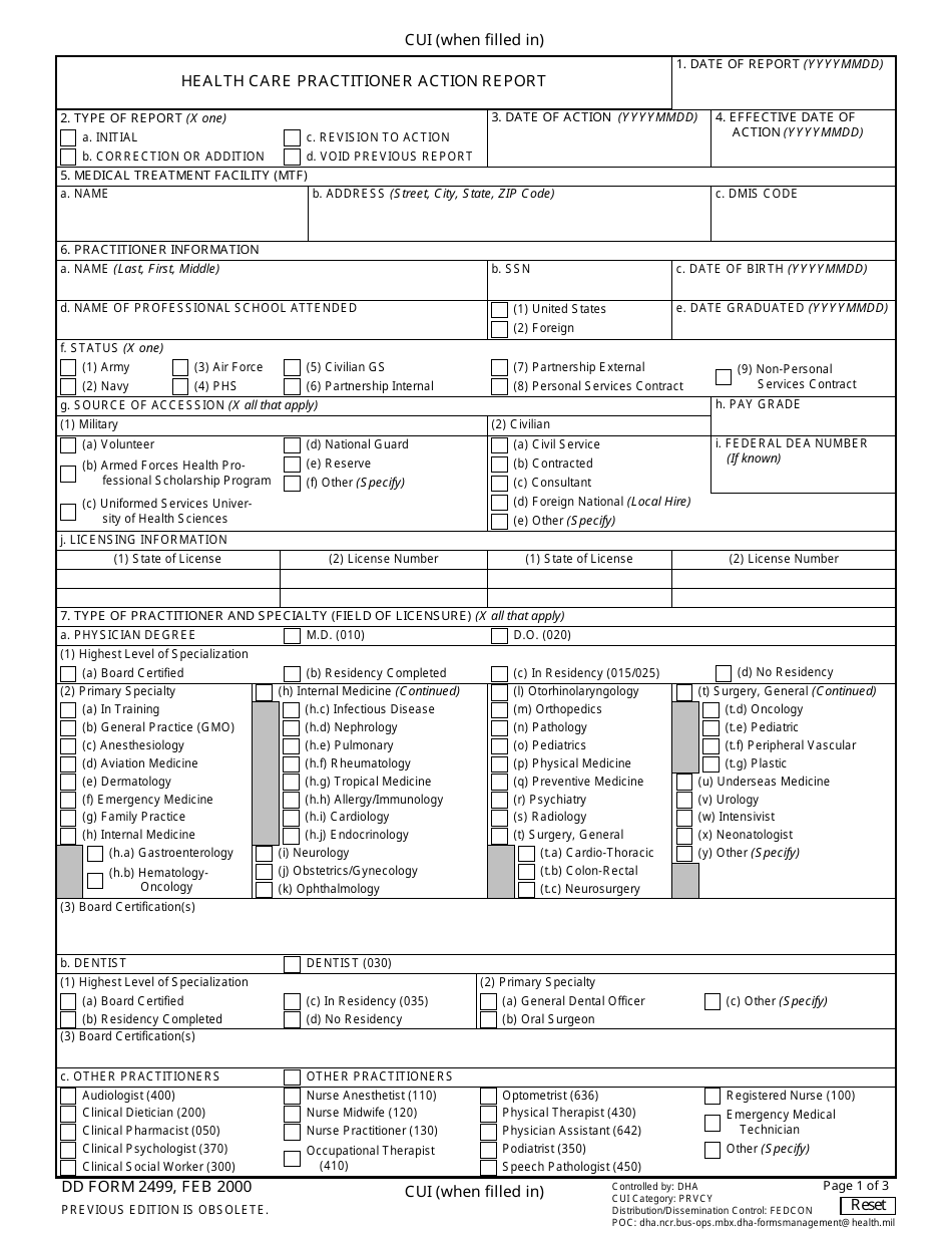 DD Form 2499 Health Care Practitioner Action Report, Page 1