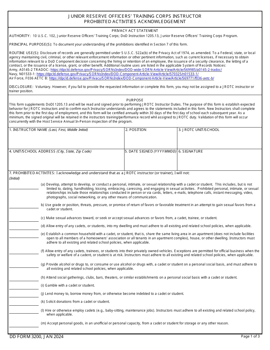 DD Form 3200 Junior Reserve Officers Training Corps Instructor Prohibited Activities Acknowledgement, Page 1