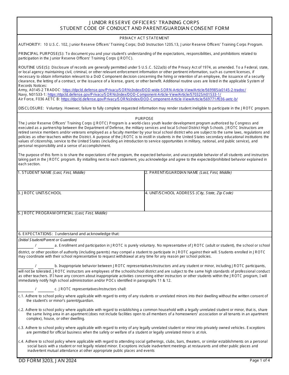 DD Form 3203 Junior Reserve Officers Training Corps Student Code of Conduct and Parent / Guardian Consent Form, Page 1