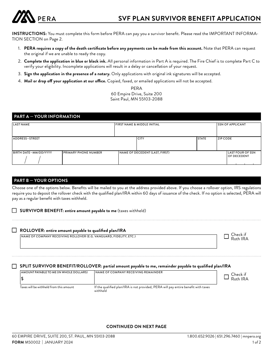 Form M50002 Download Fillable PDF or Fill Online Svf Plan Survivor Benefit Application