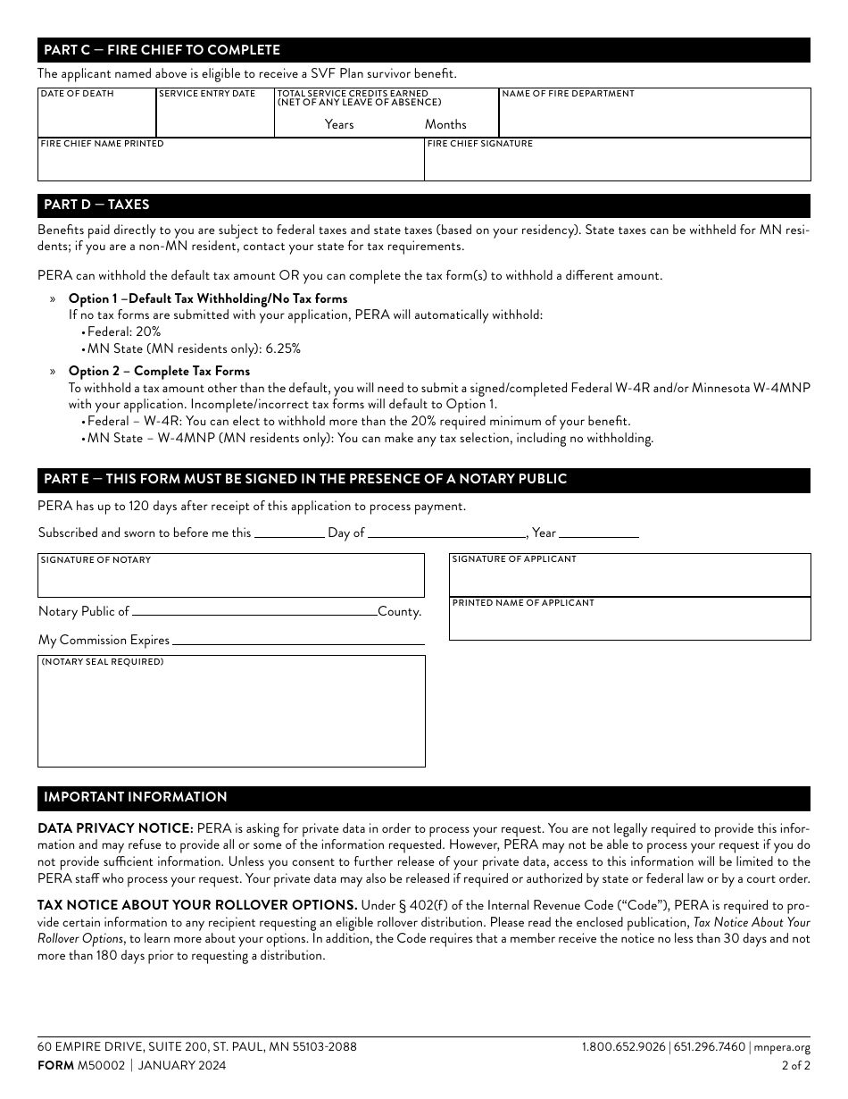 Form M50002 Svf Plan Survivor Benefit Application - Minnesota, Page 2