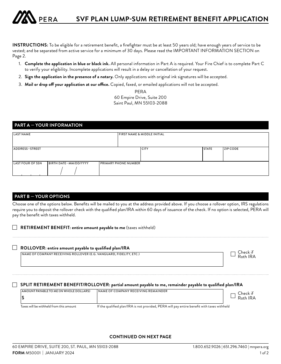 Form M50001 Svf Plan Lump-Sum Retirement Benefit Application - Minnesota, Page 1