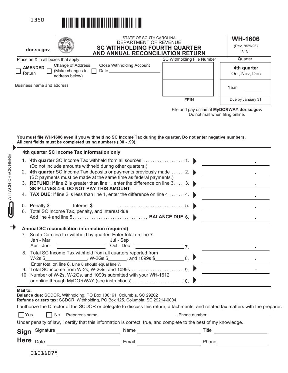 Form WH-1606 Sc Withholding Fourth Quarter and Annual Reconciliation Return - South Carolina, Page 2