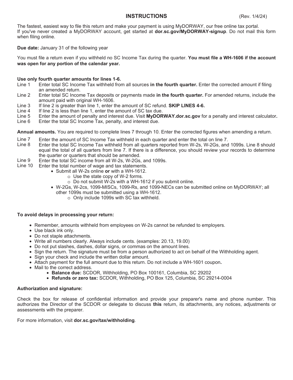 Form WH-1606 Sc Withholding Fourth Quarter and Annual Reconciliation Return - South Carolina, Page 3