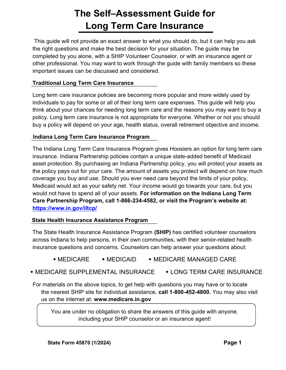 State Form 45870 Self-assessment Guide for Long Term Care Insurance - Indiana, Page 3