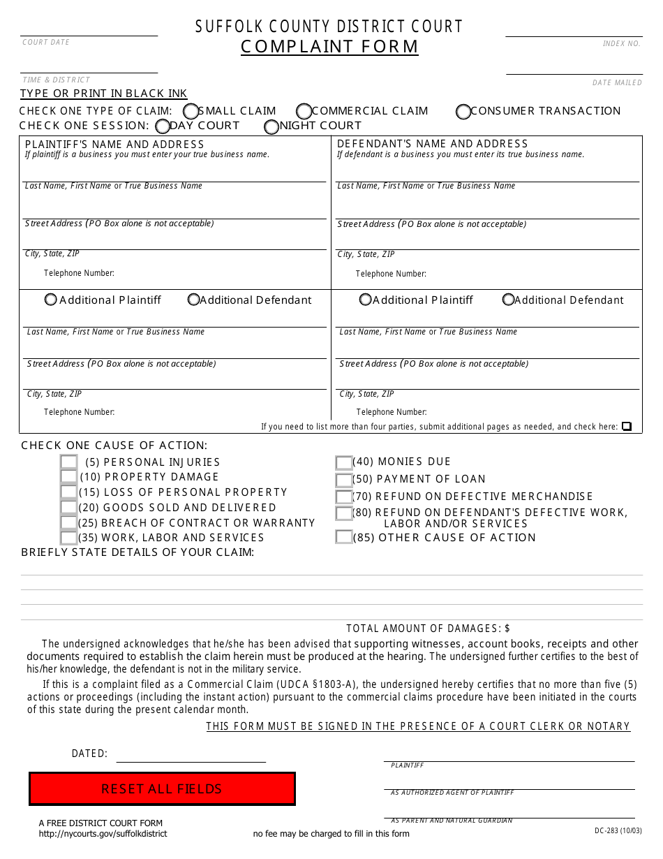 Form DC-283 Complaint Form - Suffolk County, New York, Page 1