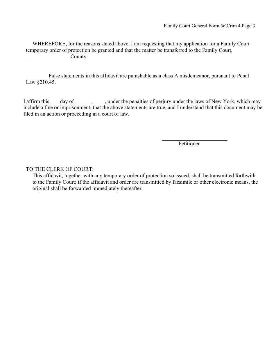 Criminal Form 4 (General Form 5C) Affirmation in Support of Issuance of Family Court Temporary Order of Protection (By Peace or Police Officer, Agency or Designated Person) - New York, Page 3