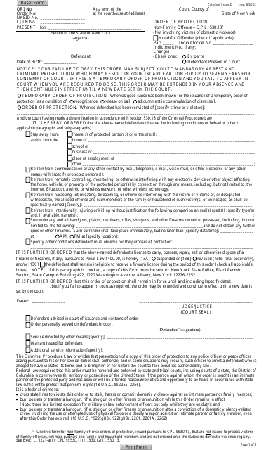 Criminal Form 2 Order of Protection - Non-family Offense (Not Involving Victims of Domestic Violence) - New York