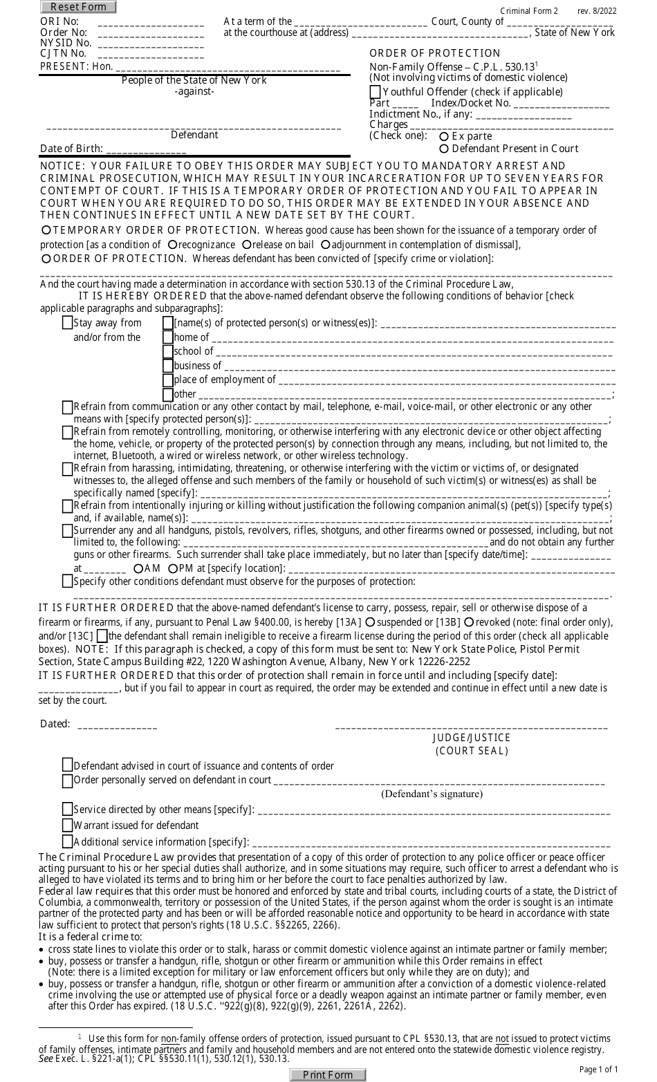 Criminal Form 2 Order of Protection - Non-family Offense (Not Involving Victims of Domestic Violence) - New York, Page 1