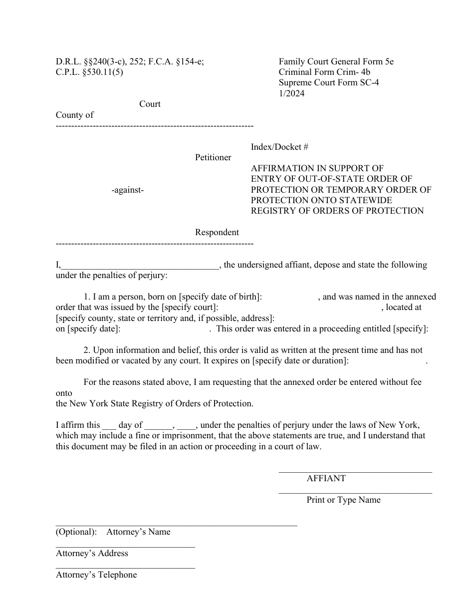 General Form 5E (Criminal Form 4B; Supreme Form SC-4) Affirmation in Support of Entry of Out-of-State Order of Protection or Temporary Order of Protection Onto Statewide Registry of Orders of Protection - New York, Page 1