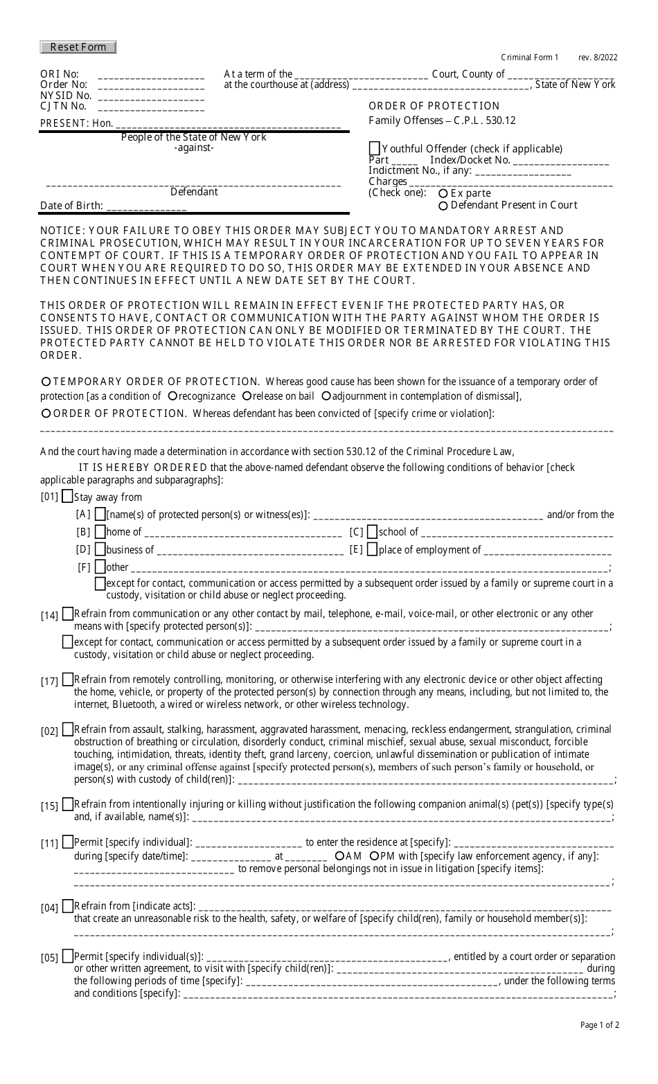 Criminal Form 1 Download Fillable PDF or Fill Online Order of