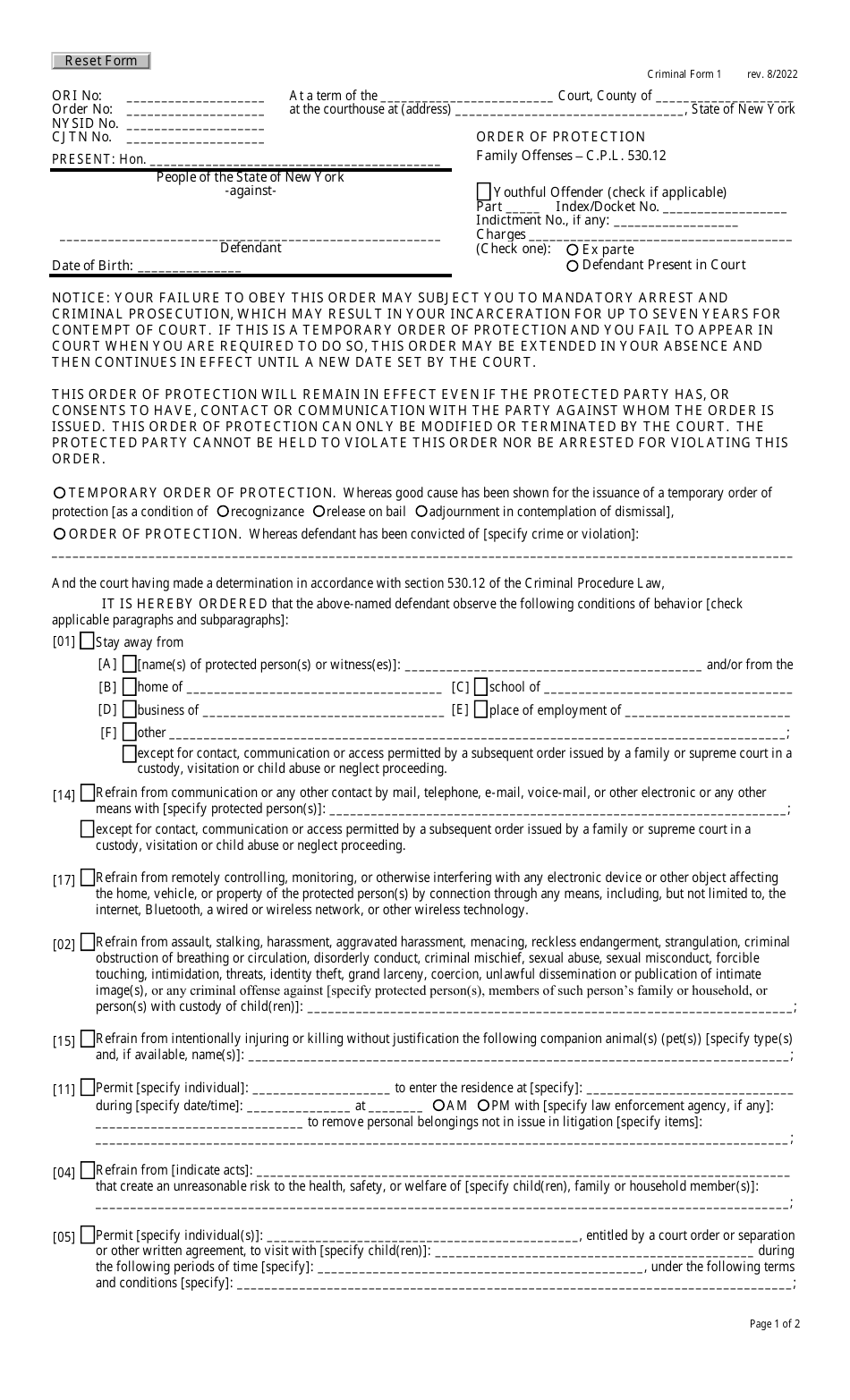 Criminal Form 1 Order of Protection - Family Offenses - New York, Page 1