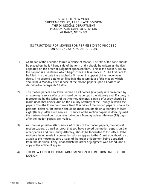 Notice of Motion for Permission to Proceed as Poor Person on Appeal - New York Download Pdf