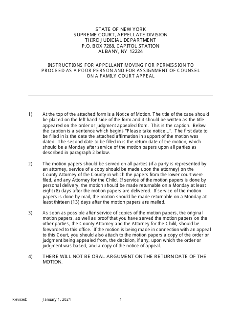 Notice of Motion by Appellant for Permission to Proceed as a Poor Person / Assignment of Counsel on Appeal of an Order of Family Court - New York Download Pdf